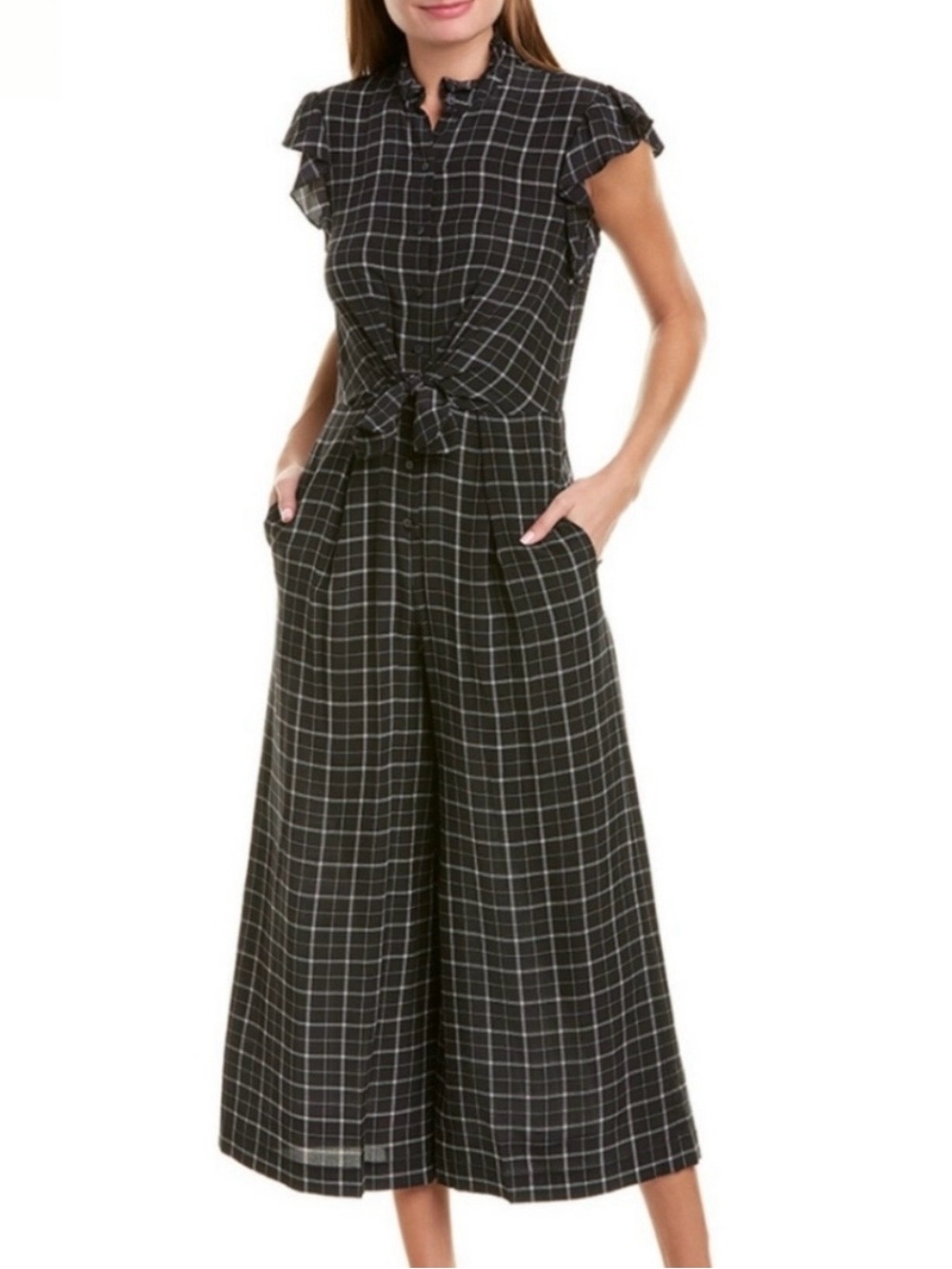 Rebecca Taylor Black Checked Wide-Leg Jumpsuit with Tie Waist